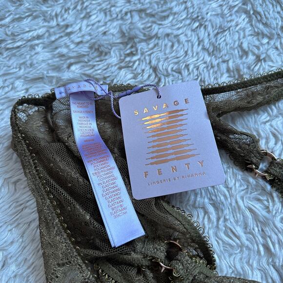 NWT M Savage X Fenty Chantilly Teddy olive lace chain halter Bodysuit open back - Picture 4 of 7